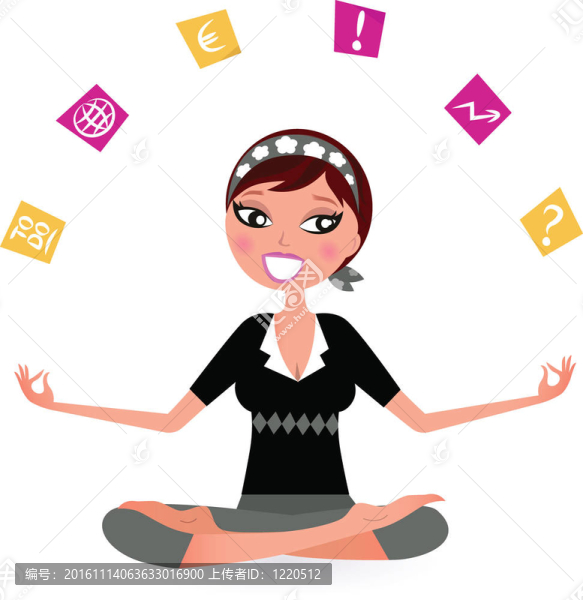 忙碌的女人用音符試圖放松瑜伽姿勢。復古插畫