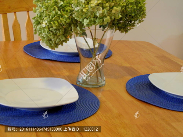 藍色墊子上的白色盤子
