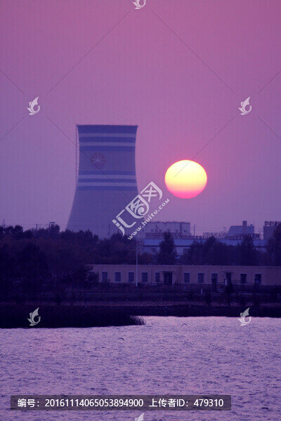 火力發(fā)電廠,熱電廠,煙囪,夕陽