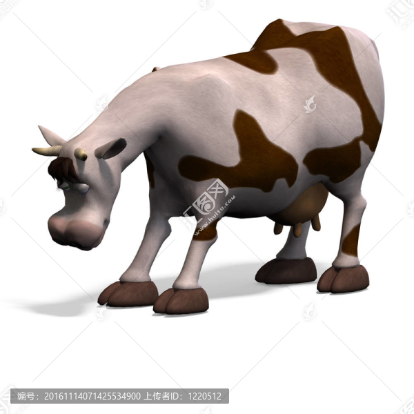 可愛和有趣的卡通牛。3D渲染與剪輯路徑和陰影超過白色