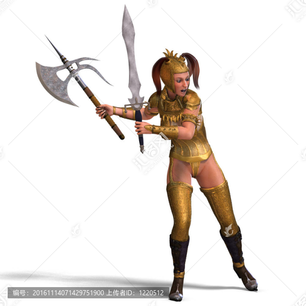 漂亮的女騎士充當(dāng)守衛(wèi)。3D渲染與剪輯路徑和陰影超過白色