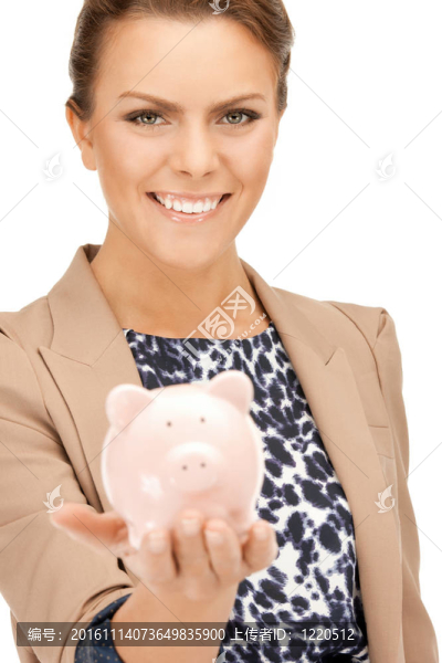 可愛的女人與小豬銀行