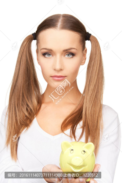 可愛的女人與小豬銀行