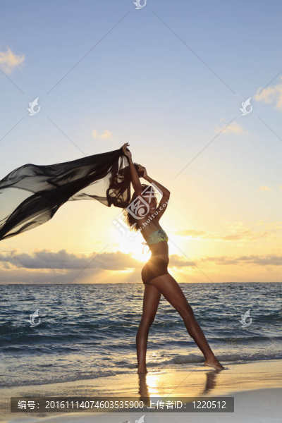 美麗的黑女舞者在海洋