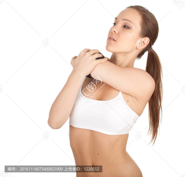 年輕；美麗的女人肩痛