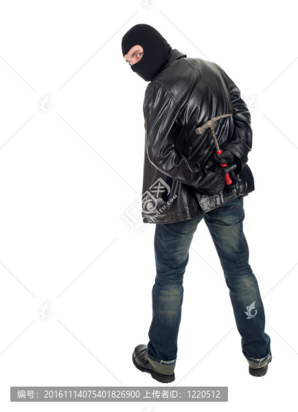 在帽子和黑色皮夾克和錘男賊