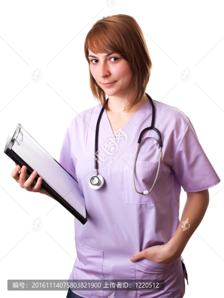 醫(yī)生用聽診器的女人微笑