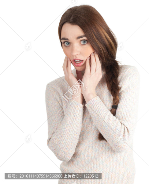 害怕的女人張開嘴和雙手靠近臉