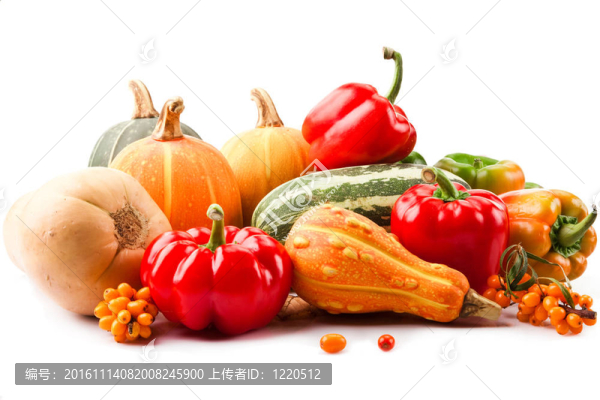 秋天的生活依然充滿了紅辣椒的維生素；南瓜；西葫蘆和成熟的沙棘漿果分離的白色背景