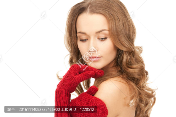 在手套的漂亮女人