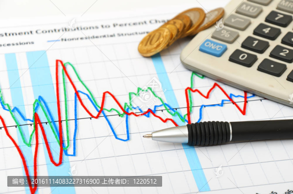 計(jì)算器；硬幣和筆放在圖表上。