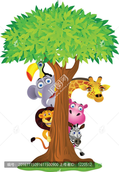 動物卡通躲在樹后