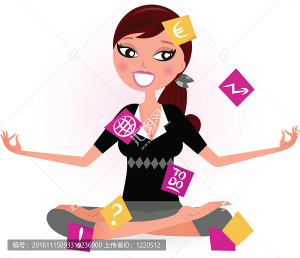 忙碌的女人用音符試圖放松瑜伽姿勢(shì)。復(fù)古插畫(huà)