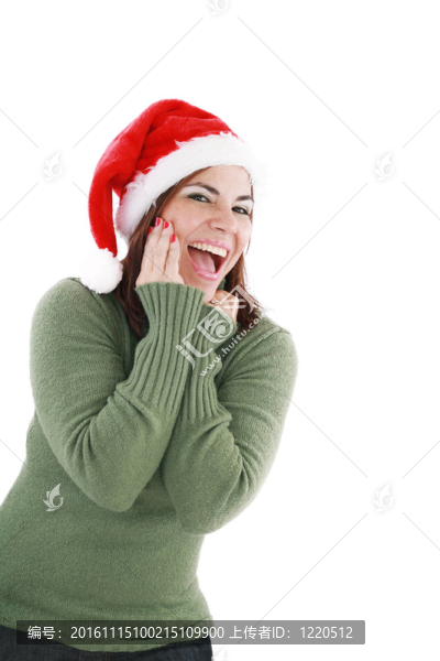 驚訝的圣誕婦女戴著圣誕帽，微笑著在白色背景下孤立
