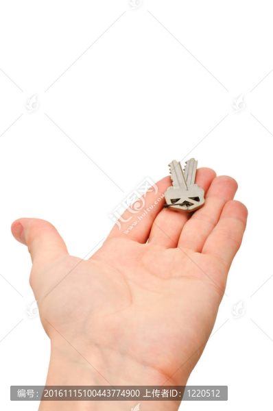 男性手掌上的兩個(gè)鍵。白色背景中分離