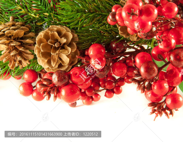 紅色漿果的圣誕花環(huán)；毛皮樹和松果