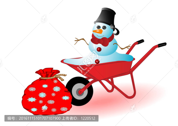 插畫(huà)在紅色手推車的雪人-匯圖網(wǎng) www.fosd68.com 插畫(huà)在紅色手推車的雪人