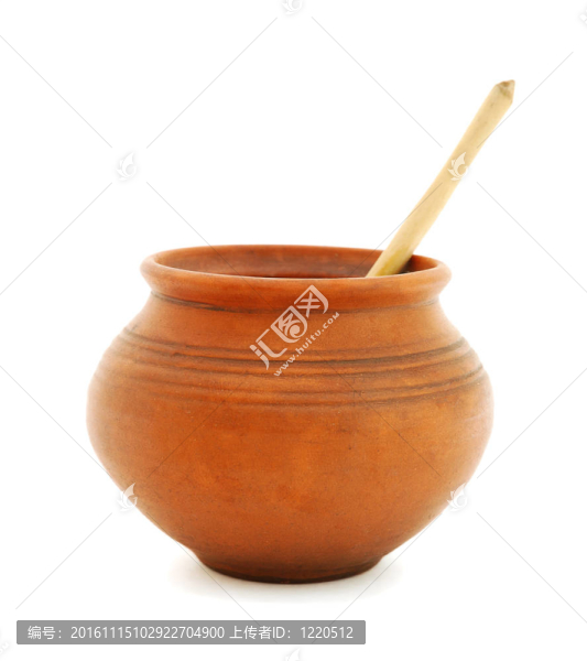 帶木勺的粘土壺