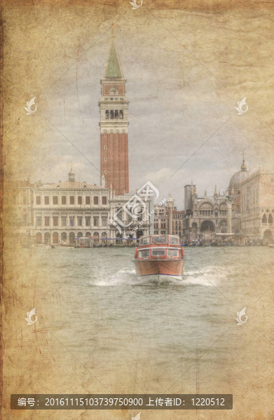 復(fù)古垃圾照片水出租車；威尼斯湖；圣馬可鐘樓廣場；Saan,Marco,Basilica；所有在一個(gè)非