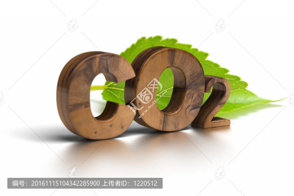 CO2字孤立在白色背景與綠葉在后面