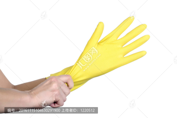 穿白色背景的黃色橡膠手套