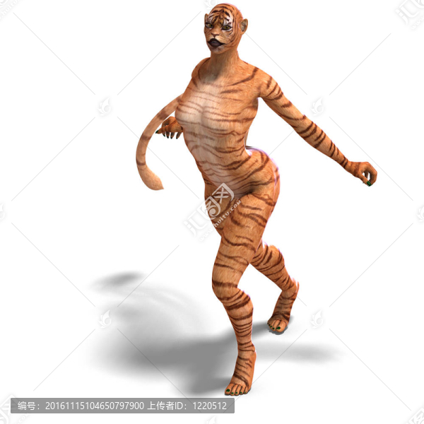 女性幻想人物虎。3D渲染與剪輯路徑和陰影超過白色