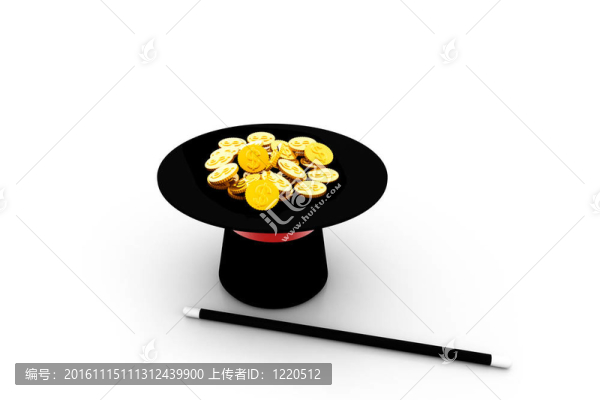 帶有美元硬幣的魔術(shù)帽和魔杖