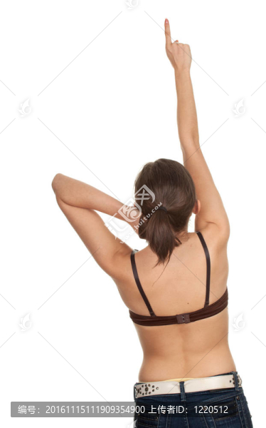 年輕女子在棕色胸罩指著