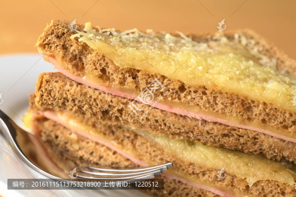 Croque,Monsieur。烤全麥面包三文治火腿奶酪和磨碎的奶酪在上面切成兩半躺在彼此（選擇性聚