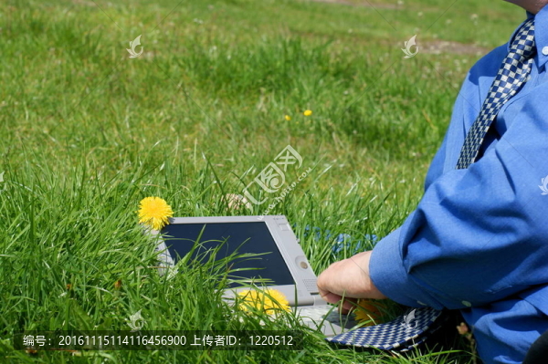 商人的領(lǐng)帶和一臺(tái)筆記本電腦外，在草地上