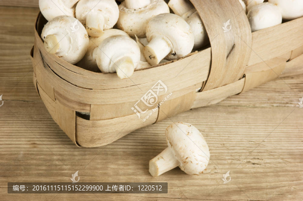 木制背景的蘑菇籃子