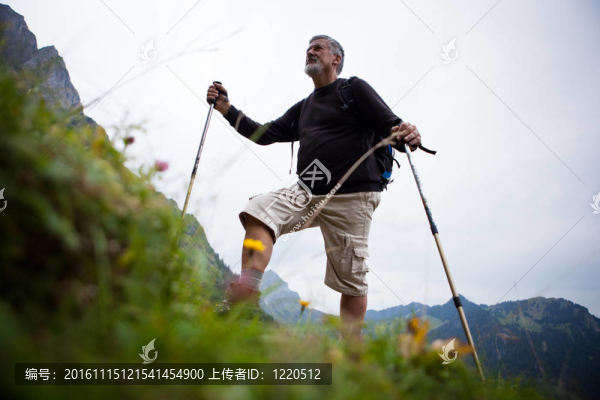 活躍英俊的資深男子北歐步行