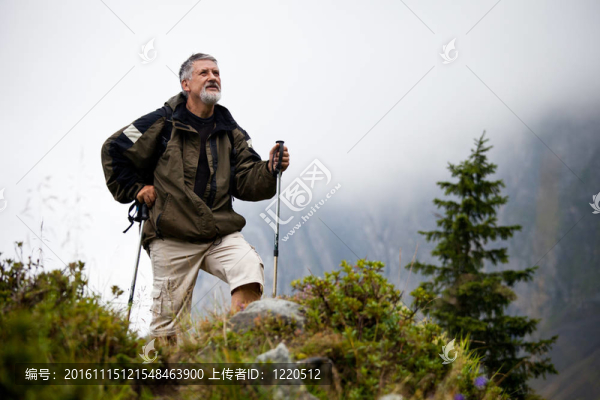 活躍英俊的資深男子北歐步行