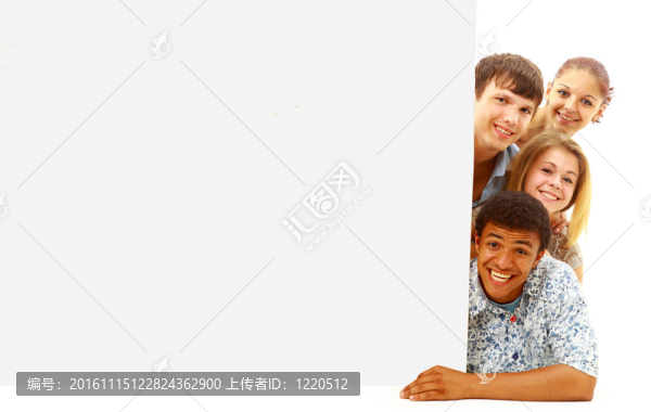 站在白色背景的廣告牌上的快樂男女肖像