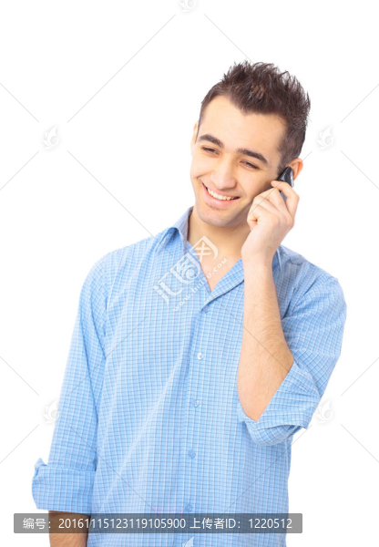 年輕人在電話；孤立的白色