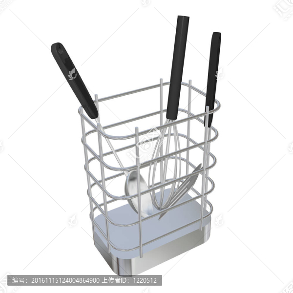 不銹鋼絲筐架或支架和煎包；匙包；和打蛋器；3D；孤立在白色背景