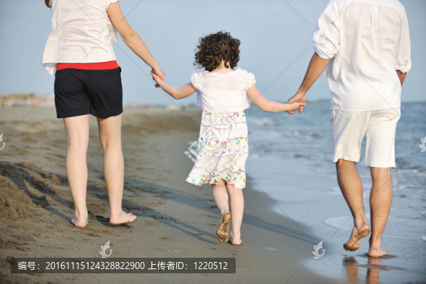 快樂的年輕家庭在海灘上玩得很開心