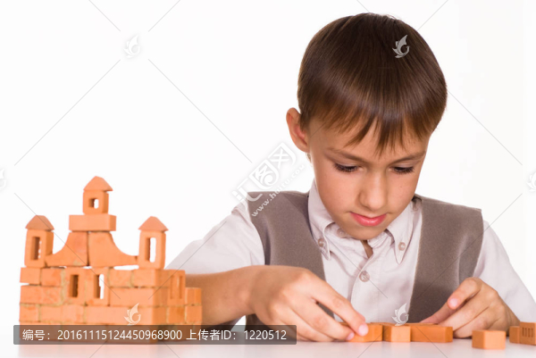 英俊的男孩建立一個玩具城堡