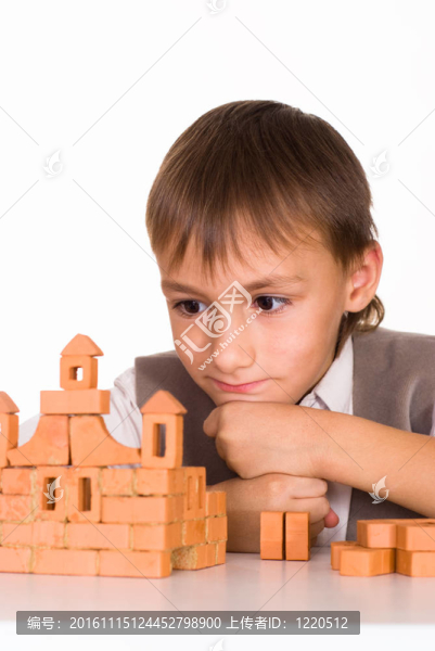 英俊的男孩建立一個玩具城堡