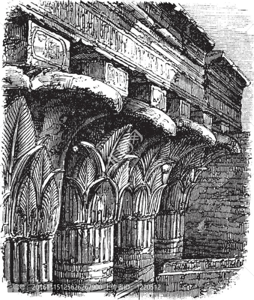 宏偉的門廊或橫梁在克奴姆神廟；伊斯納；埃及；復(fù)古雕刻