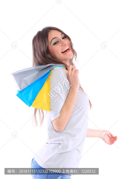 可愛的女人與購物袋