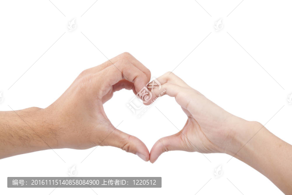 愛與心的概念。男人和女人的手在白色背景上形成一顆心臟