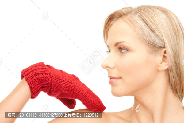 在紅色的手套美麗的女人