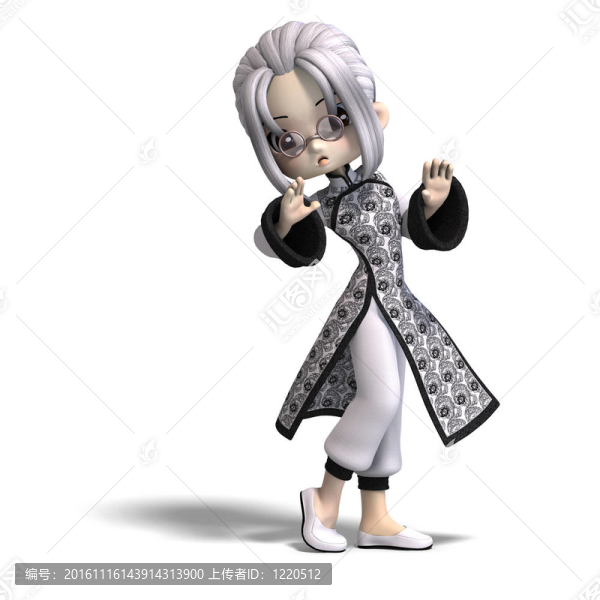 從中國帶眼鏡的可愛的女孩。3D渲染與剪輯路徑和陰影超過白色