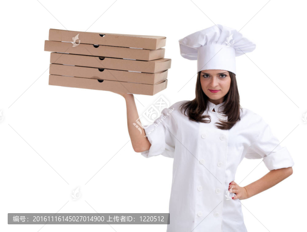 微笑的女廚師在白色制服和帽子與比薩餅盒