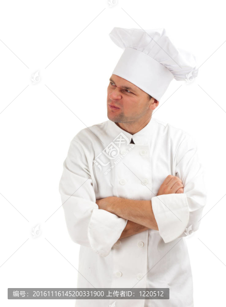 不满或愤怒的厨师在白色制服和帽子