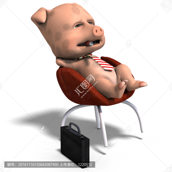 可愛的卡通豬放松一天的辛苦工作后。3D渲染與剪輯路徑和陰影超過白色