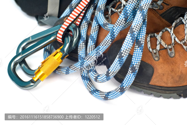 登山和徒步旅行齒輪鐵鎖；繩和靴子