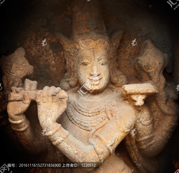 奎師那在印度教寺廟的浮雕。斯蘭甘納薩斯瓦米寺寺。蒂魯吉拉帕利（Trichy）；泰米爾納德邦；印度
