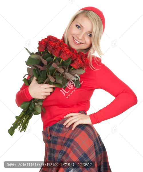 美麗的年輕女子與一束紅玫瑰